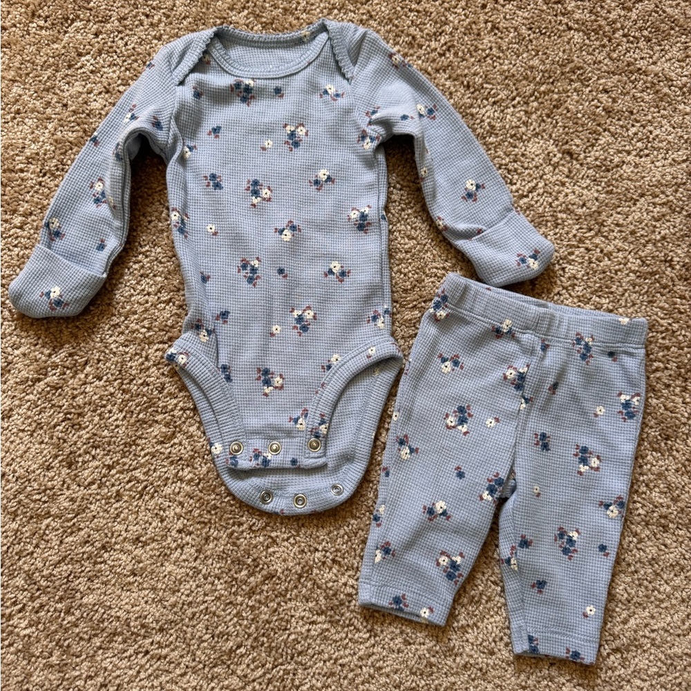 Baby Blue Floral Waffle Knit Long Sleeve Bodysuit & Pants Set